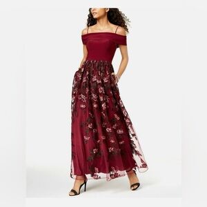 NIGHTWAY Women’s Floral Off-The-Shoulder Embroidered Gown—Burgundy